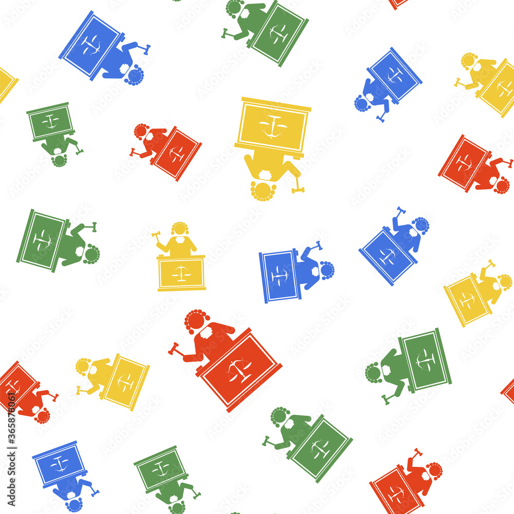 Poster color judge with gavel on table icon isolated seamless pattern on white background. vector.
