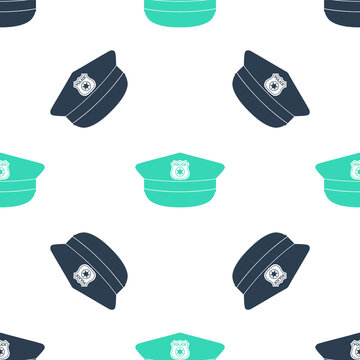Green Police cap with cockade icon isolated seamless pattern on white background. Police hat sign. Vector.