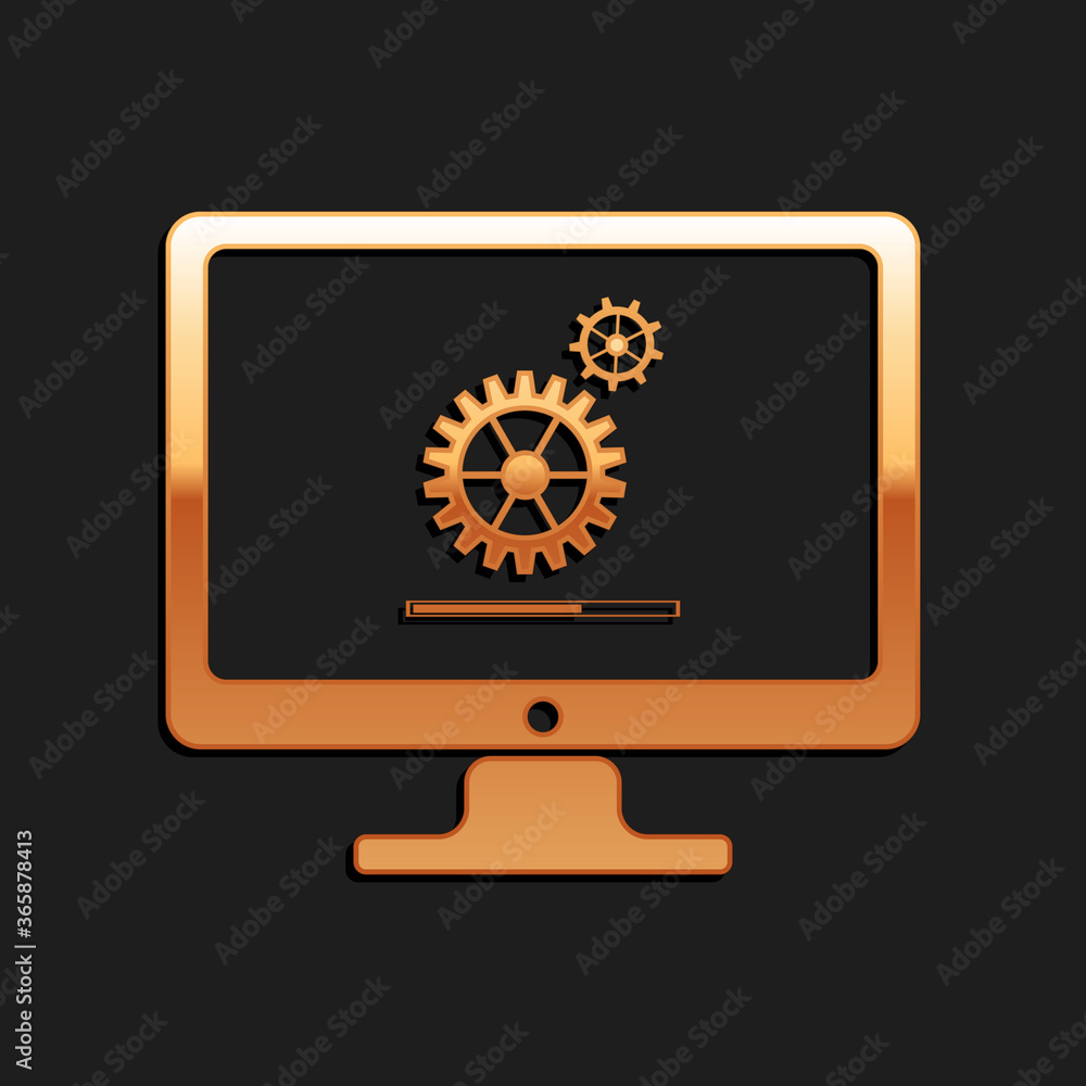 Aufkleber gold computer monitor update process with gear progress and loading bar icon isolated on black backg