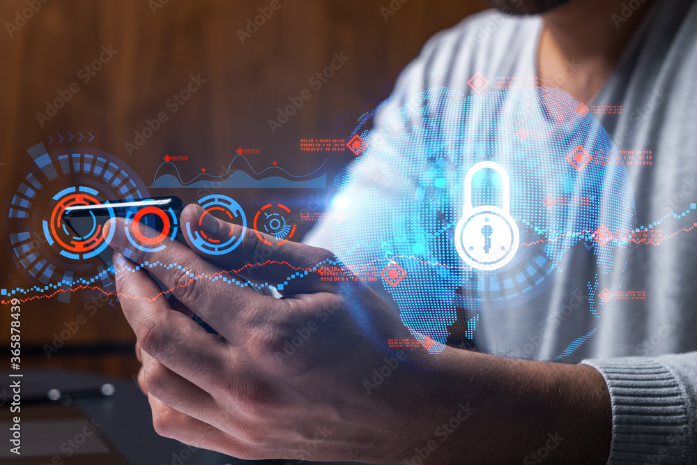 Poster man using phone. hands typing smartphone. double exposure with lock icon hologram. close up. datum c