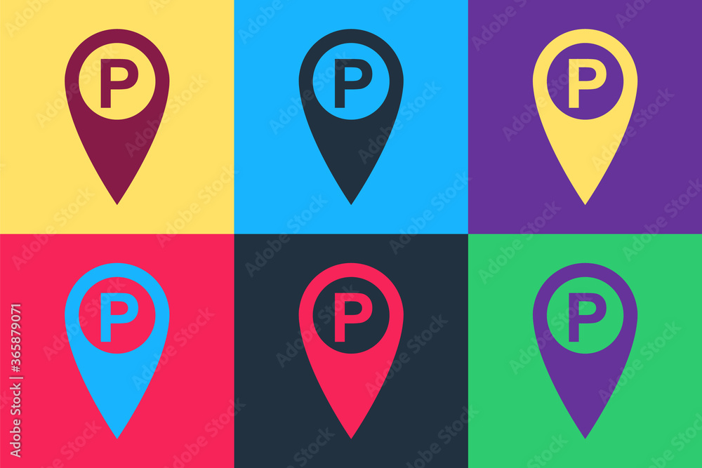 Poster pop art map pointer with car parking icon isolated on color background. vector.