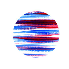 Fototapeta premium A circle with spots of red and blue on a white background. Acrylic brush strokes. Stock image.