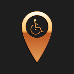 Gold Disabled Handicap in map pointer icon isolated on black background. Invalid symbol. Wheelchair handicap sign. Long shadow style. Vector.
