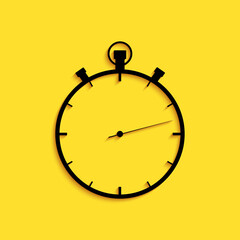Black Stopwatch icon isolated on yellow background. Time timer sign. Long shadow style. Vector.
