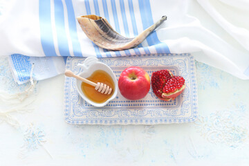 religion image of Rosh hashanah (jewish New Year holiday) concept. Traditional symbols