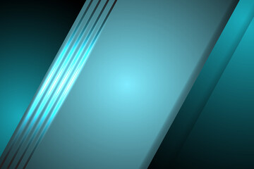 Geometric green shapes, iridescent neon stripes and lines on a dark gradient. Abstract modern graphic design background.