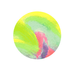 A circle with spots of yellow, green and red on a white background. Acrylic brush strokes. Stock image.