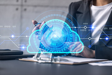 Businesswoman typing phone in office. Cloud hologram. data storage concept. Double exposure.