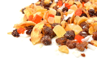 Mix nuts, dry fruits and grapes on a white background