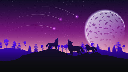 Abstract Sky Background Vector Silhouette With Mountains Moon Stars And Wolves Vector Design Style