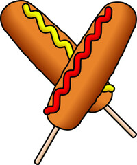 Two corndogs with tomato ketchup and mustard.