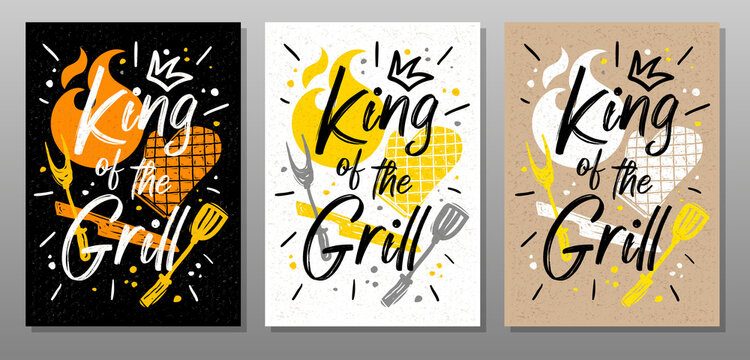 King grill, quote food poster. Cooking, culinary, kitchen, bbq, barbecue, axe, fork, knife, master chef Lettering calligraphy poster chalk chalkboard sketch style Vector illustration