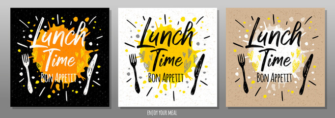 Lunch time Bon Appetit, enjoy your meal, quote, phrase, food poster, splash, fork, knife. Lettering, sketch doodle style, sign For menu, cafe, restaurant lunch breakfast dinner Vector illustration