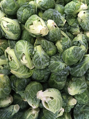 Fototapeta na wymiar Fresh organic Brussels Sprouts at a farm market stand displayed for sale 