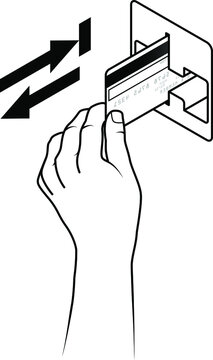 Hand holding a credit card inserting it into a card reading slot. With movement arrows.
