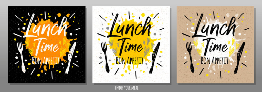 Lunch time Bon Appetit, enjoy your meal, quote, phrase, food poster, splash, fork, knife. Lettering, sketch doodle style, sign For menu, cafe, restaurant lunch breakfast dinner Vector illustration