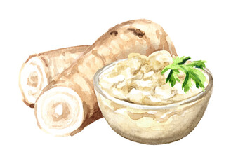 Horseradish sauce in the bowl and horseradish root. Hand drawn watercolor illustration, isolated on white background