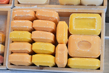 Traditional beauty hard soap bars in wooden box