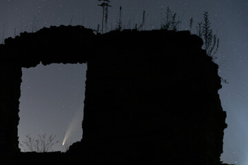 Stare selo, Ukraine, 16 July 2020.  Neowise comet above the castle of Stare selo village in Ukraine.