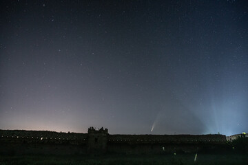 Stare selo, Ukraine, 16 July 2020.  Neowise comet above the castle of Stare selo village in Ukraine.