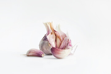 opened head of garlic on a white background, side view