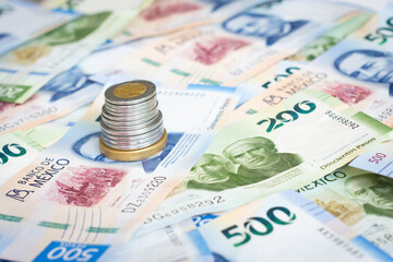 Money mexican dollars bills paper with coins pesos