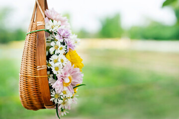 sweet color flowers in wooden basket hanging in garden