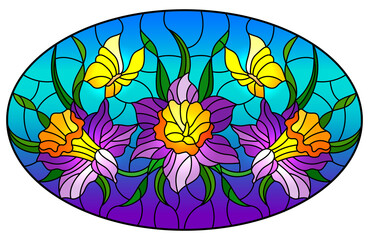 Illustration in stained glass style with a bouquet of purple flowers and yellow butterflies on a blue background, oval image