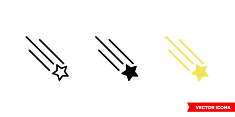 Shooting star icon of 3 types. Isolated vector sign symbol.