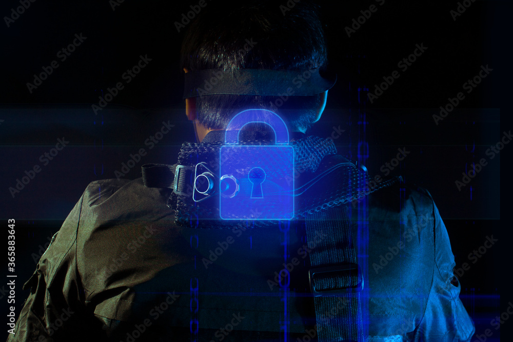 Poster hacker robbery terrorist with lock safety computer attack to server network system online in data in