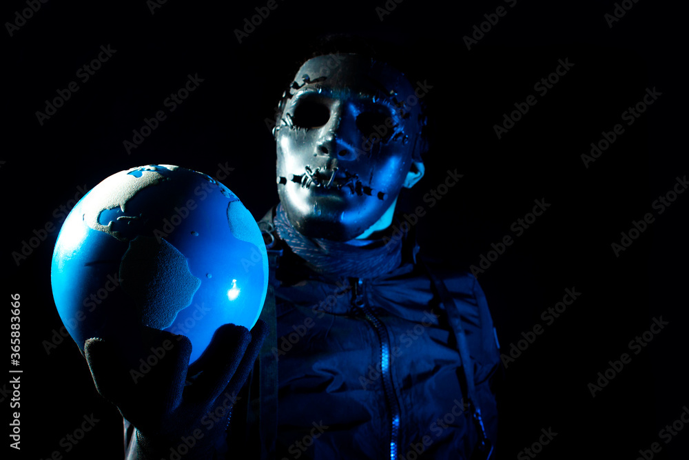 Poster hacker robbery terrorist holding global earth with virus computer attack to server network system on