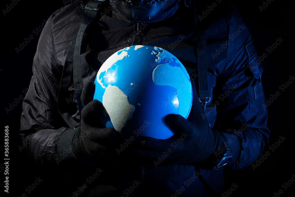 Poster hacker robbery terrorist holding global earth with virus computer attack to server network system on