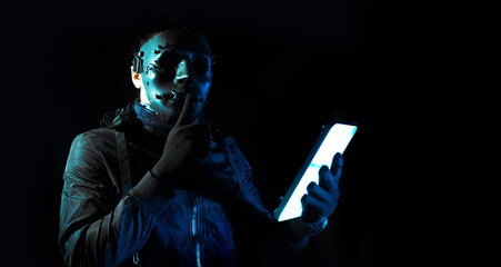 hacker robbery terrorist with tablet smartphone computer attack to server network system online in...