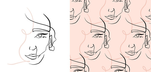 One line drawing style female portrait and pattern. Can use t-shirt print, beauty and fashion concept, wedding, poster, decoration.