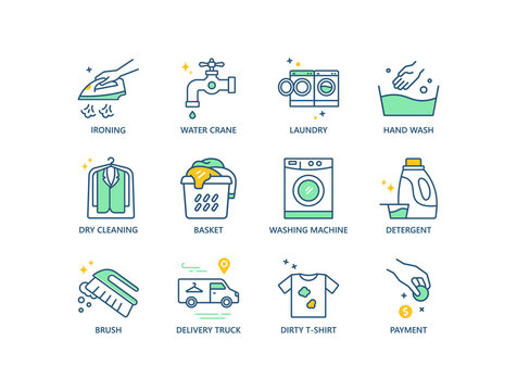 Laundry, dry cleaning line icons set. 