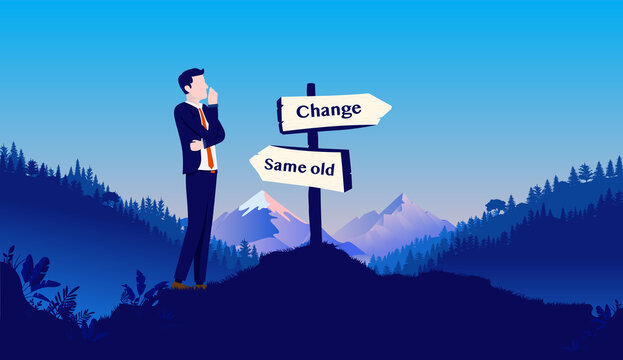 Change or same old - Man contemplating by signpost pointing in different directions. Life change, self improvement and new beginnings concept. Vector illustration.
