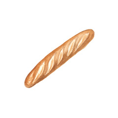 Watercolor illustration of a French baguette on a white background