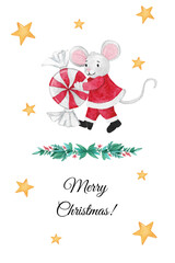 Christmas illustration with mouse with Christmas candy, flowers and stars