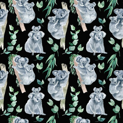 watercolor seamless pattern with koala with eucalyptus branches. The symbol of Australia is a cute koala bear with a cub behind its back. Koala sketch hand-drawn. © Anastasiia