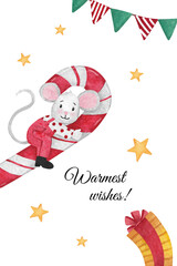 Christmas illustration with mouse sitting on a candy cane with flags, gift and stars