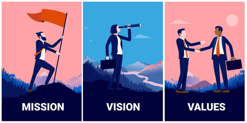 Mission vision and values illustration. Set off illustrations for your business strategy. Man raising flag, woman looking for opportunities, and two men handshaking. Vector illustration. - obrazy, fototapety, plakaty