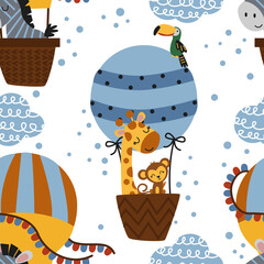 seamless pattern with jungle animals and hot air balloon - vector illustration, eps © Hanna