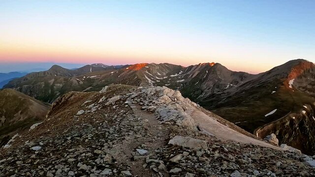 Sunrise from the top of the mountain (Peak of Gra de Fajol, Ulldeter, Catalan Pyrenees, Spain)