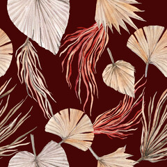 Seamless watercolor pattern with gold and brown tropical leaves.