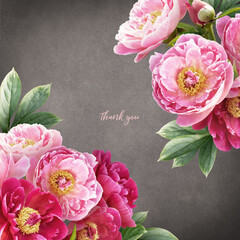 Floral card with copy space. Pink peonies on dark textured grange background. Bouquet of garden flowers.