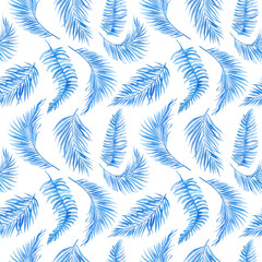 Watercolor seamless floral pattern, background with palm leaves, jungle leaf. Exotic wallpaper, Hawaiian style. leaves of Monstera blue. Watercolor monstera leaves.