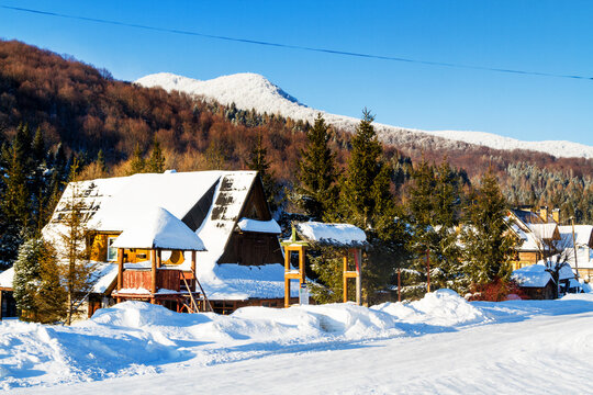 Polish mountain village Ustrzyki Gorne in Bieszczady National Park, Carpathian mountains range. Europe.