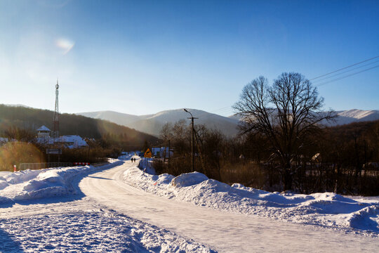 USTRZYKI GORNE, POLAND - JANUARY 7, 2017: Polish mountain village Ustrzyki Gorne in Bieszczady National Park, Carpathian mountains range. Europe.
