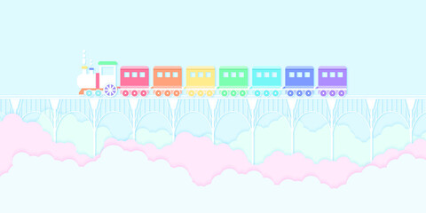 Transportation, rainbow color train running on the bridge with blue sky and colorful clouds, paper art style