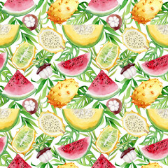 Watercolor seamless pattern with Tropical fruits and palm leaves. Exotic fruits set. Bright colorfull  background. Dragon fruit, pitaya, banana, coconut.